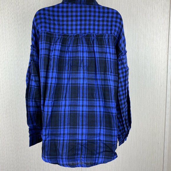 Blue Cotton Plaid Check Button Up Blouse S M L - Picture 8 of 10